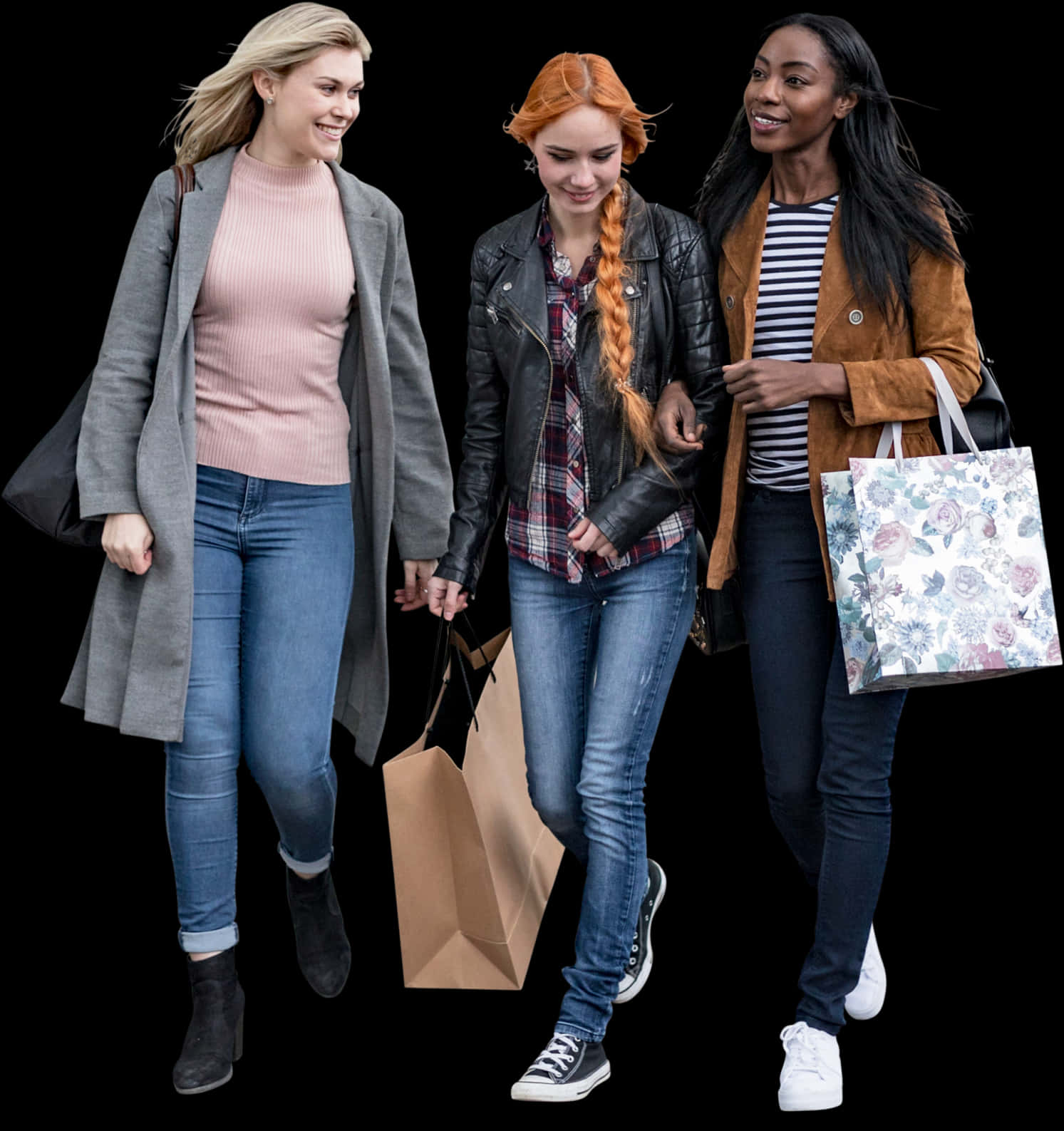 Three Women Enjoying Shopping Trip PNG