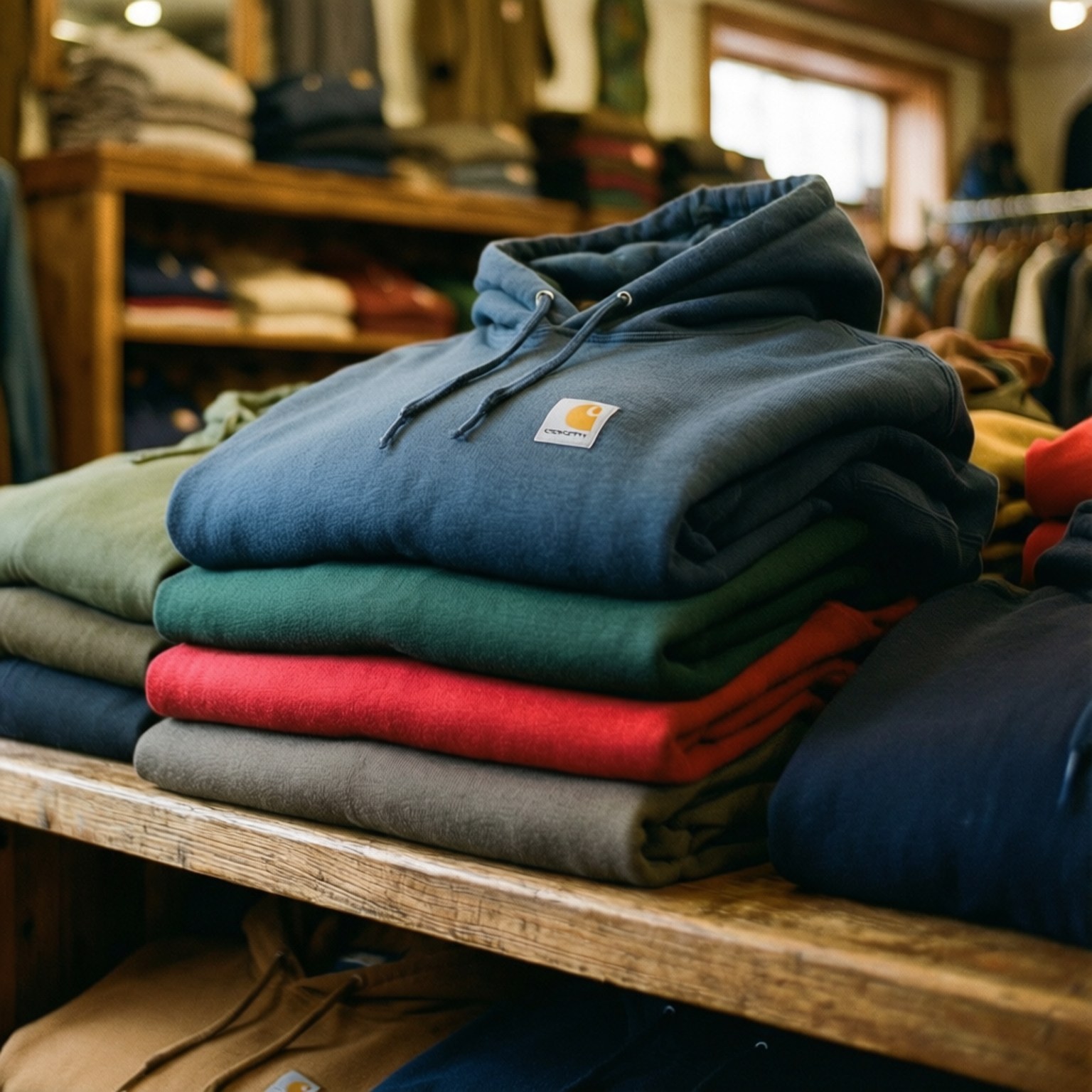 Secondhand-Laden Stapel Hintergrundbilder — Carhartt Hoodies gestapelt auf Regal in Vintage Second-Hand-Laden.