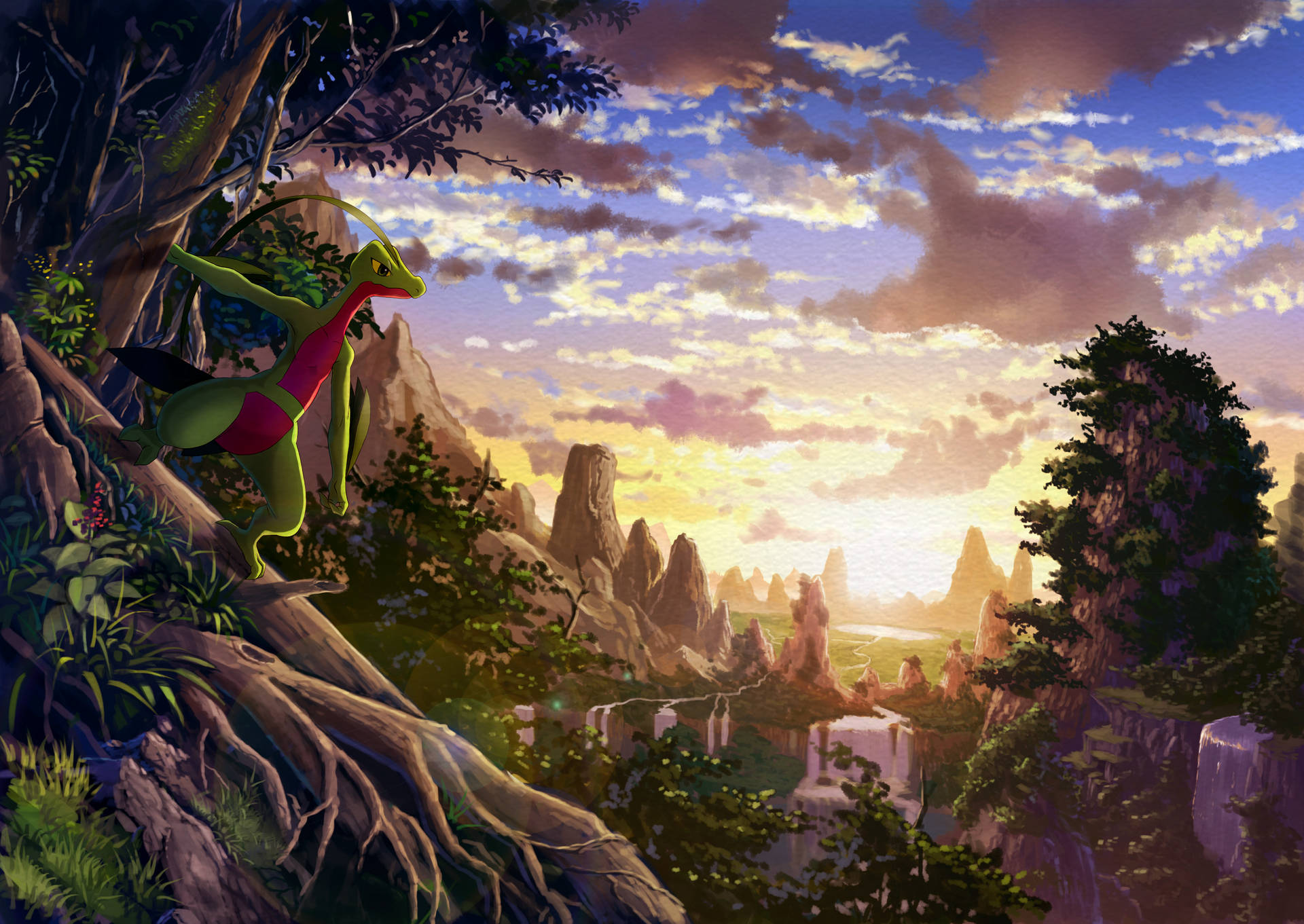 Thrilling Encounter In The Vibrant Pokemon Landscape Wallpaper
