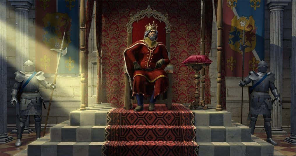 A King Is Sitting On A Throne In Front Of A Castle