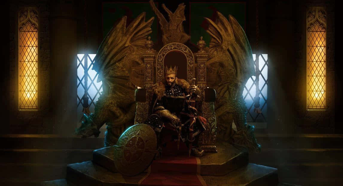 A King Sitting On A Throne With A Dragon On It