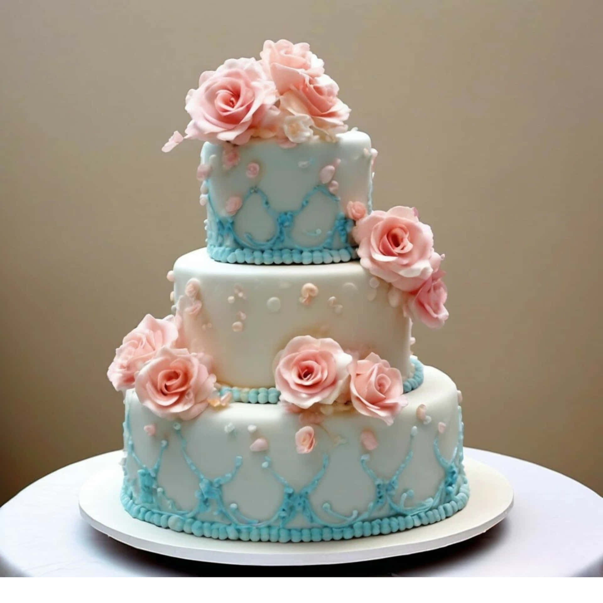 Tiered Wedding Cake With Decorated With Light Pink Marzipan Roses And Blue Pattern. Wallpaper