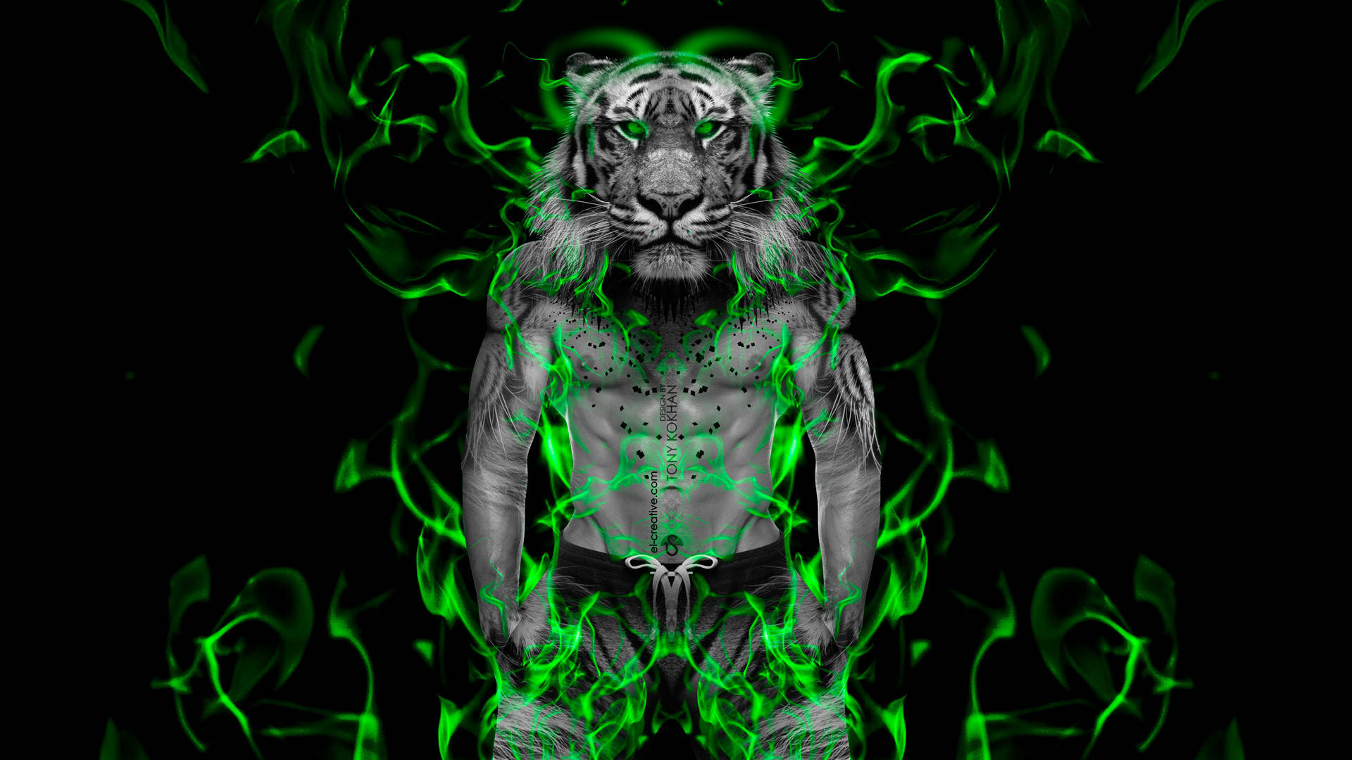 Tiger Head Human With Green Fire Wallpaper