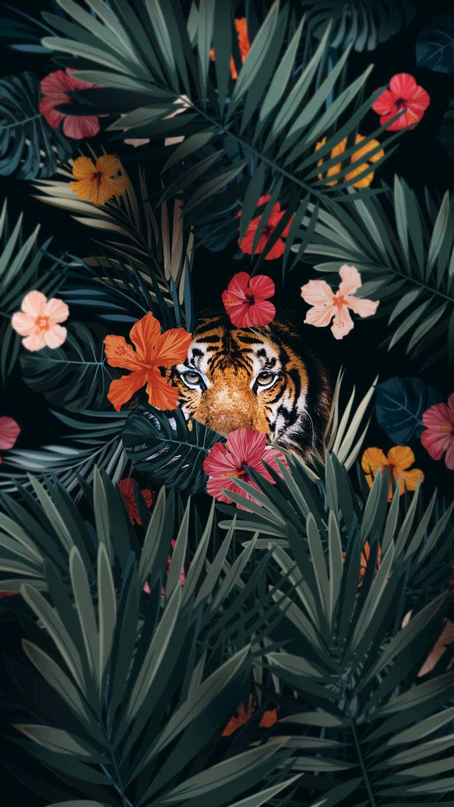 Tiger In Floral Jungle Aesthetic.jpg Wallpaper