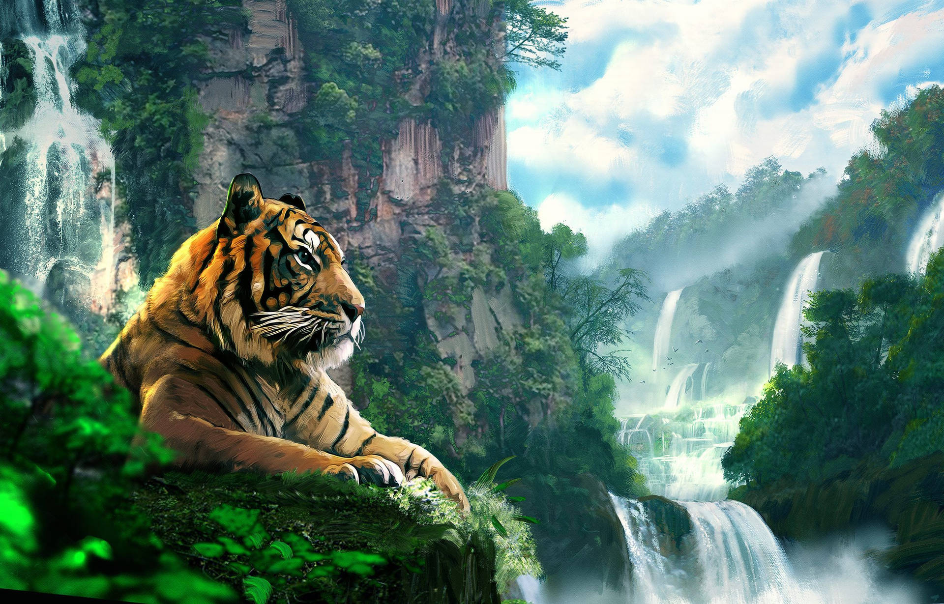 Tiger Near Waterfalls Painting Background