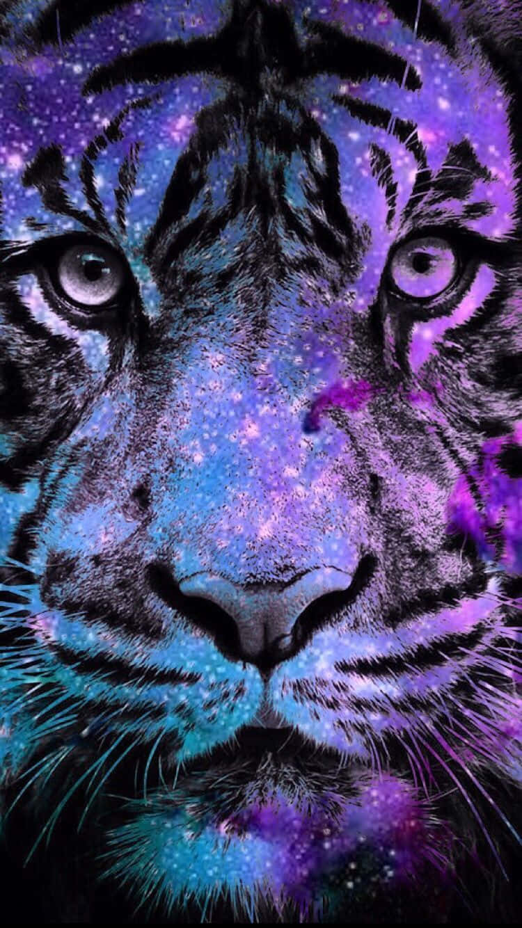 En tiger med lilla og blå øjne i rummet Wallpaper