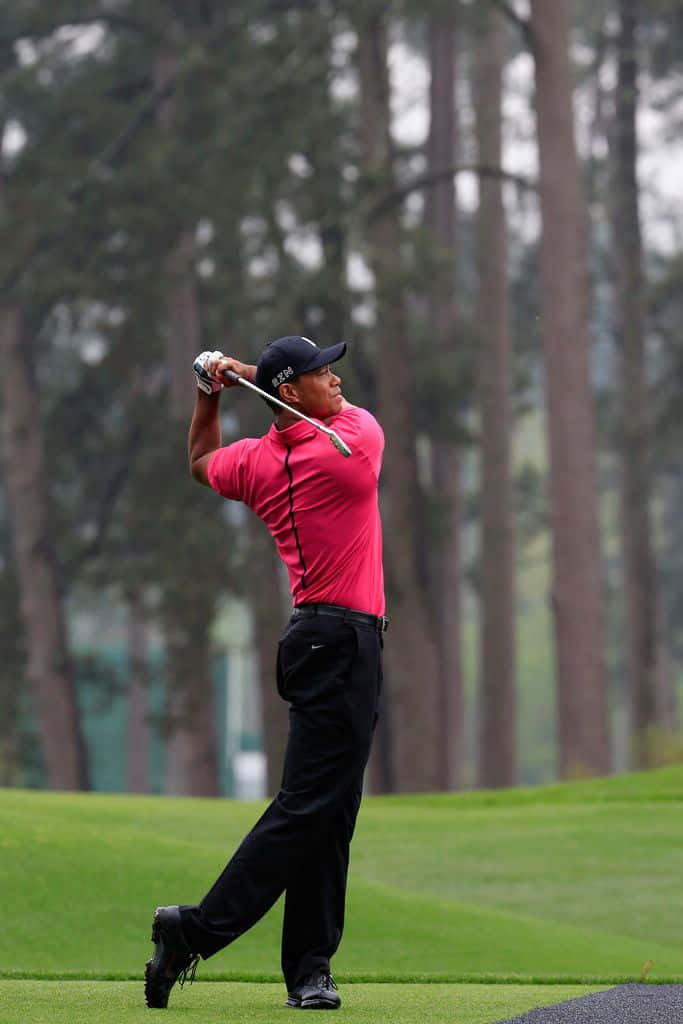 Tiger Woods spiller golf med en iPhone i hånden. Wallpaper