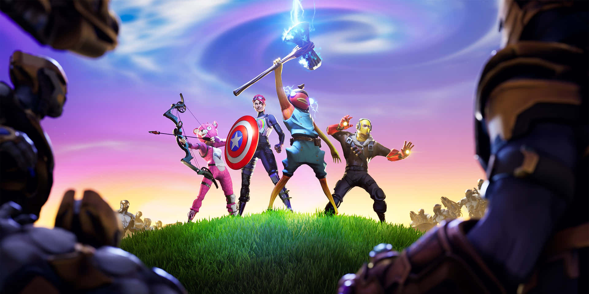 Tiko With Characters Holding Avengers Weapons Wallpaper