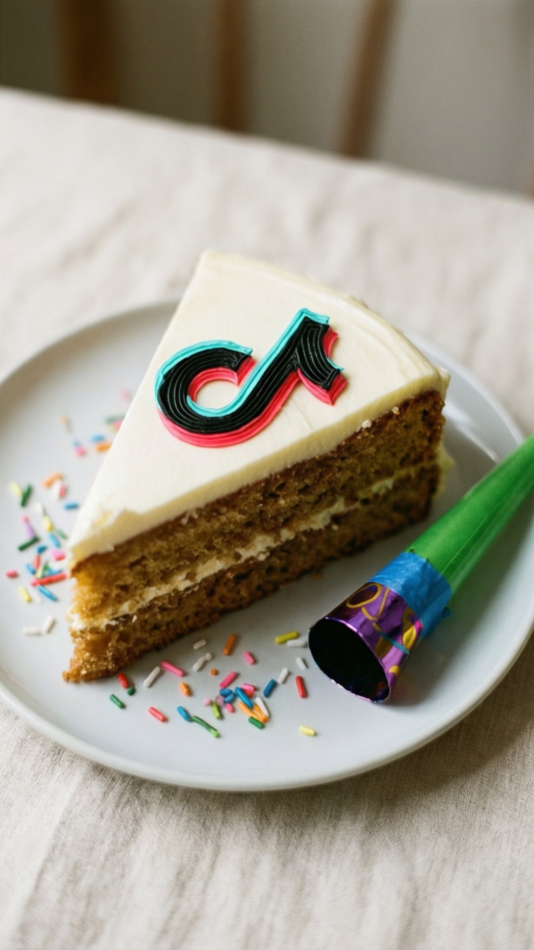 A delicious cake slice with TikTok frosting text and party horn.