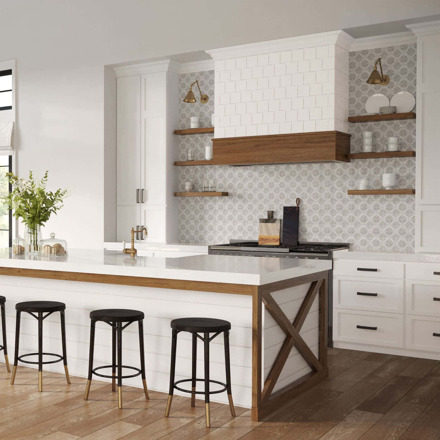 A White Kitchen With Wooden Floors And Stools