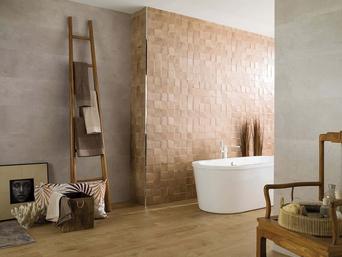 A Bathroom With A Wooden Floor And A Wooden Chair