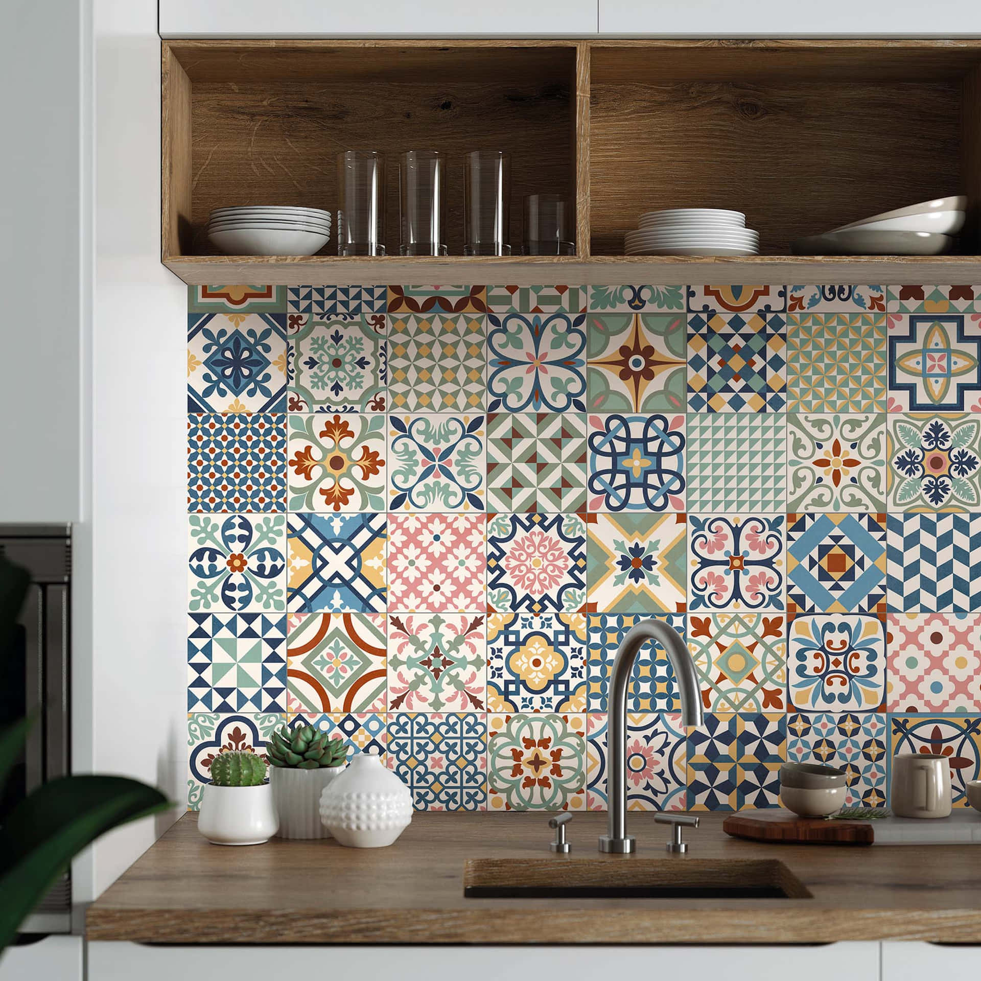 A Kitchen With Colorful Tiled Backsplash
