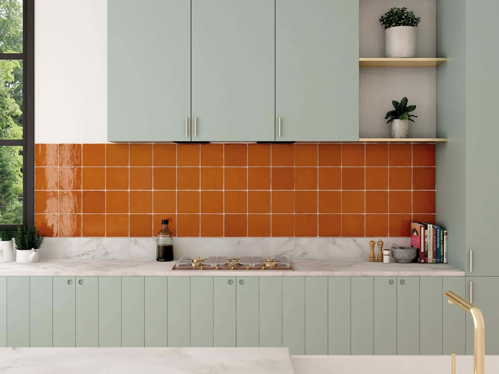 A Kitchen With Orange Tile And Green Cabinets