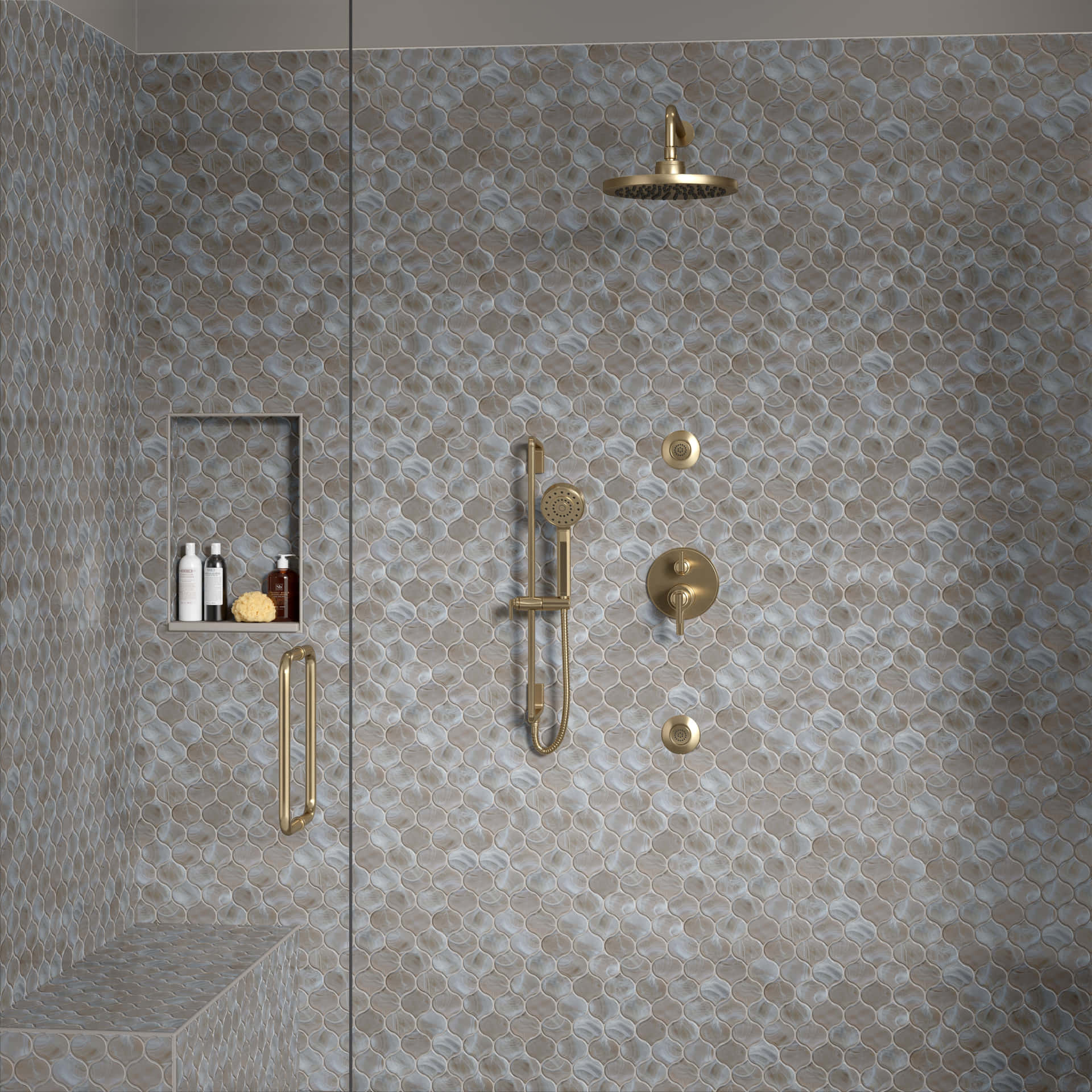 A Bathroom With A Shower And A Gold Shower Head