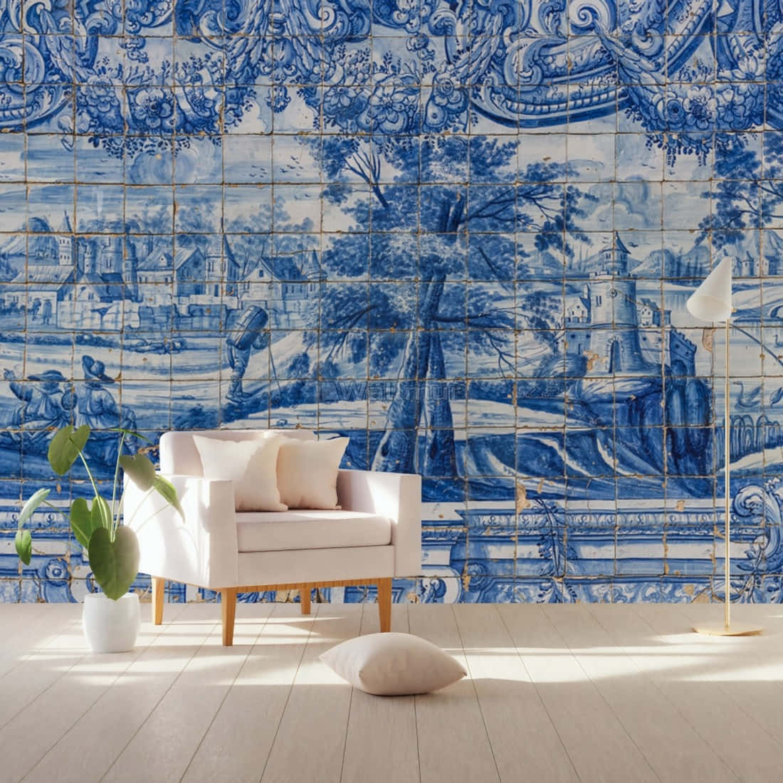 Blå hvide traditionelle væg billedfliser