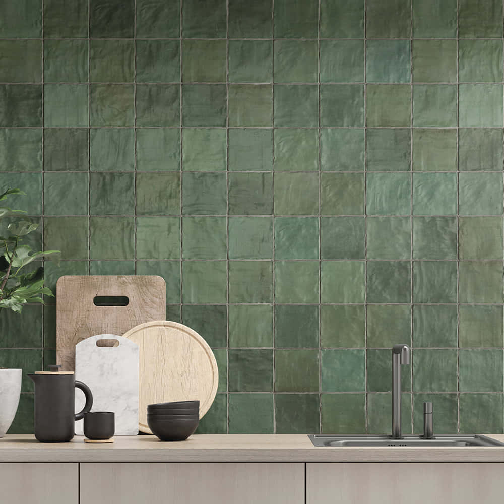 Grønne kvadratiske fliser Monokrom væg køkkenbord Billede