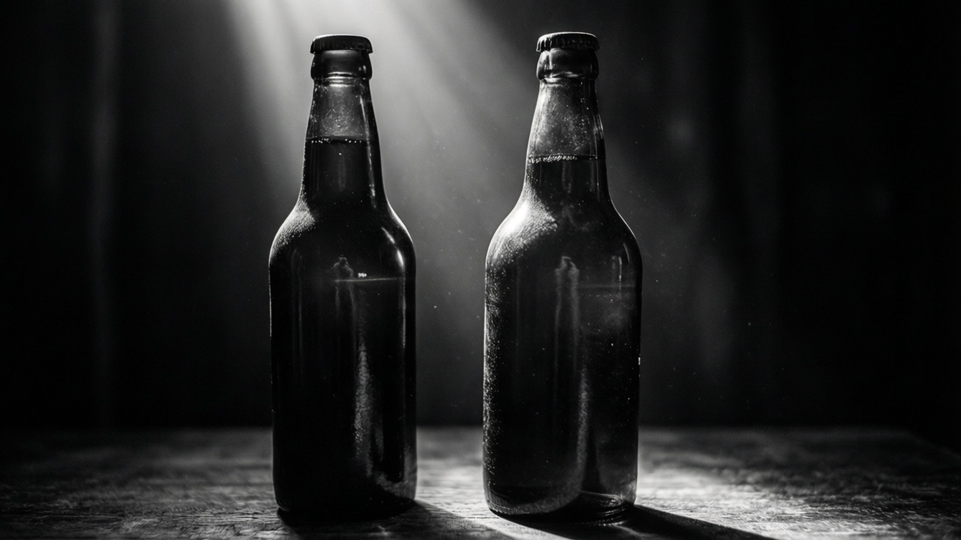 To vintage stoutflasker side om side, en skråstilt, opplyst av en lysstråle, høy kontrast svart-hvitt.
