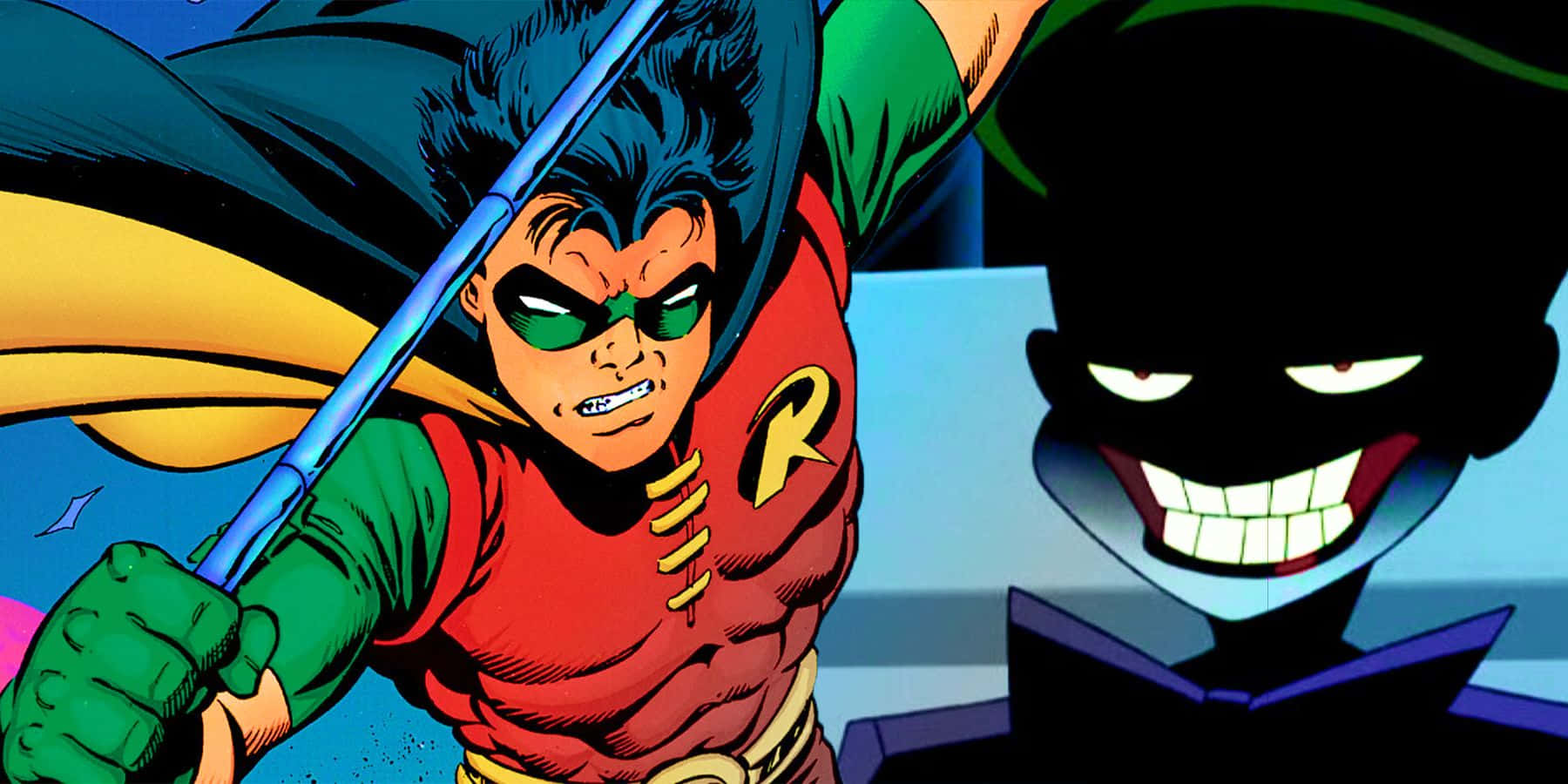 Tim Drake, the agile Red Robin superhero, gliding through the city Wallpaper