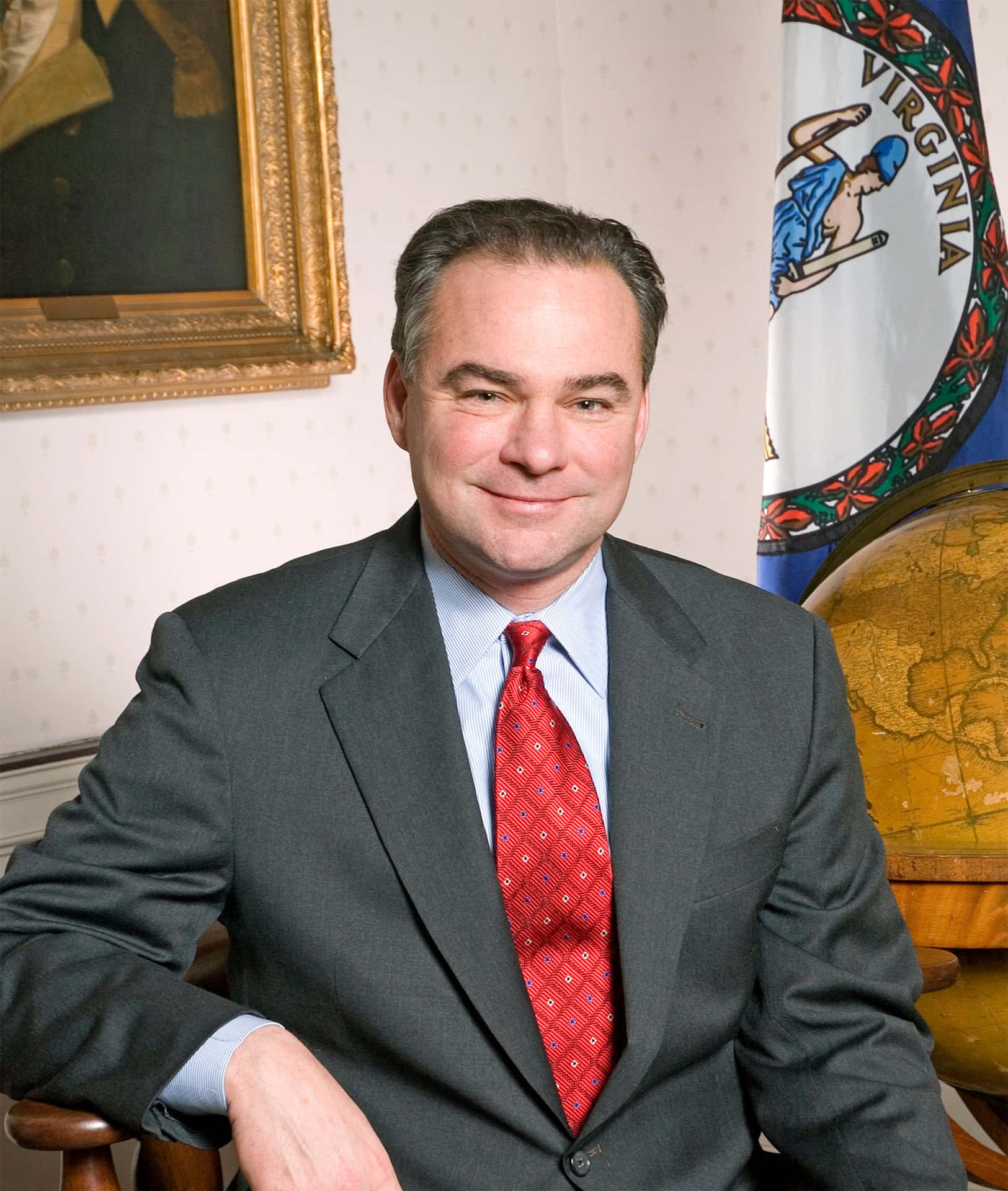 Tim Kaine With Virginia Flag And Seal Wallpaper