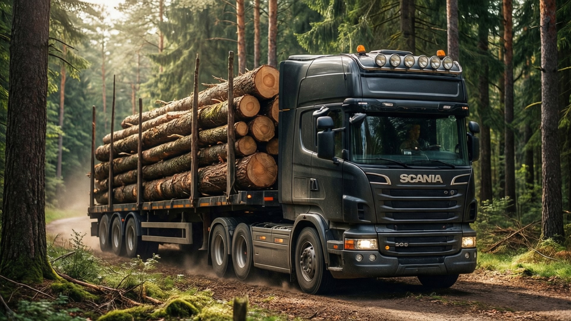 Scania R730 logging truck in a forest with logs on trailer, earthy scene. — Scania Picture