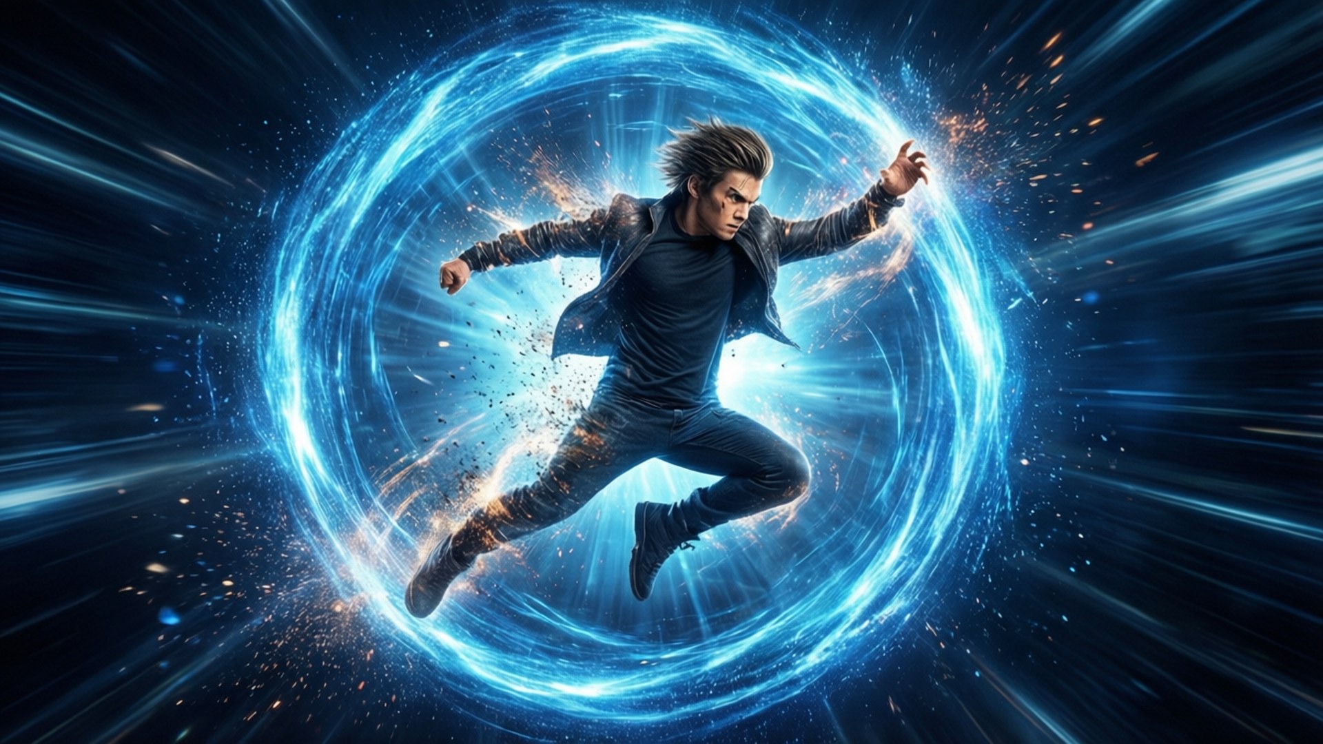 Five leaps through a time portal in an explosive display of energy.