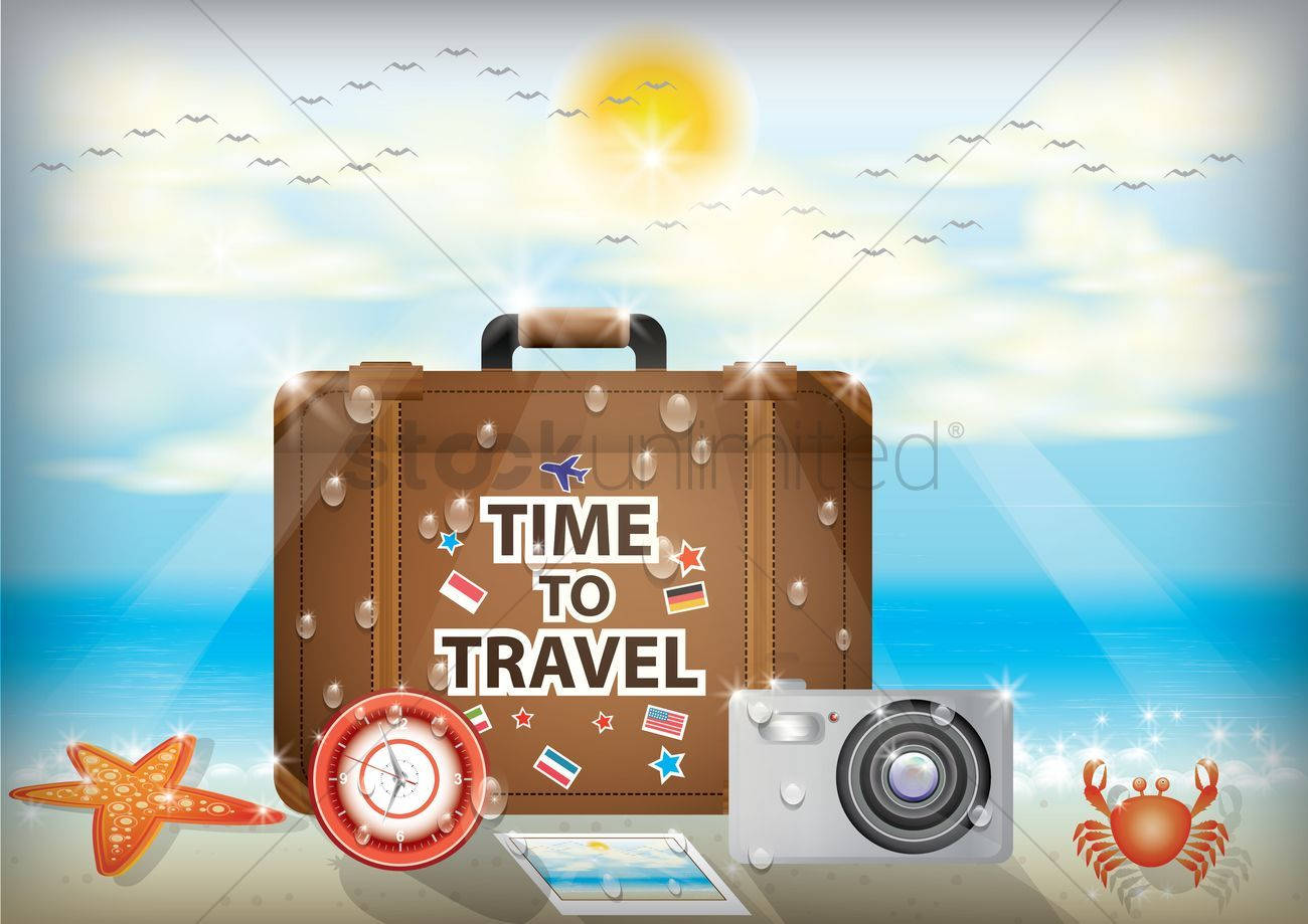 Time To Travel Suitcase And Camera On The Beach Wallpaper