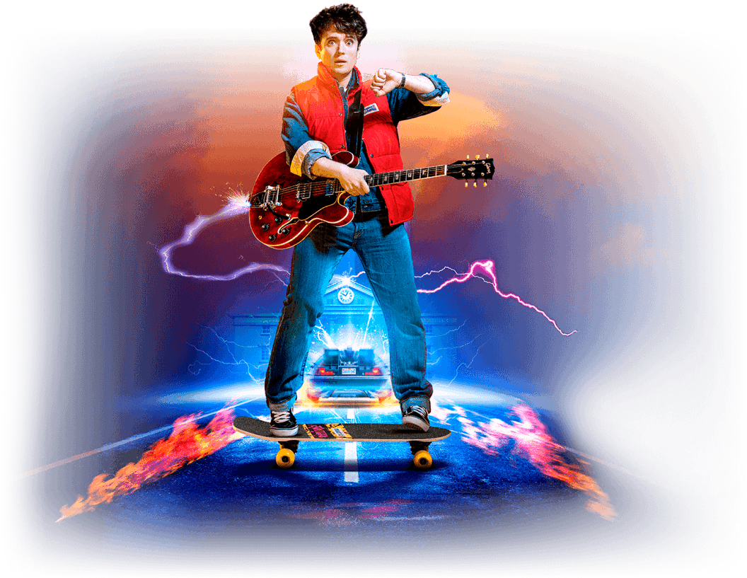 Time Traveling Skateboarderwith Guitar PNG