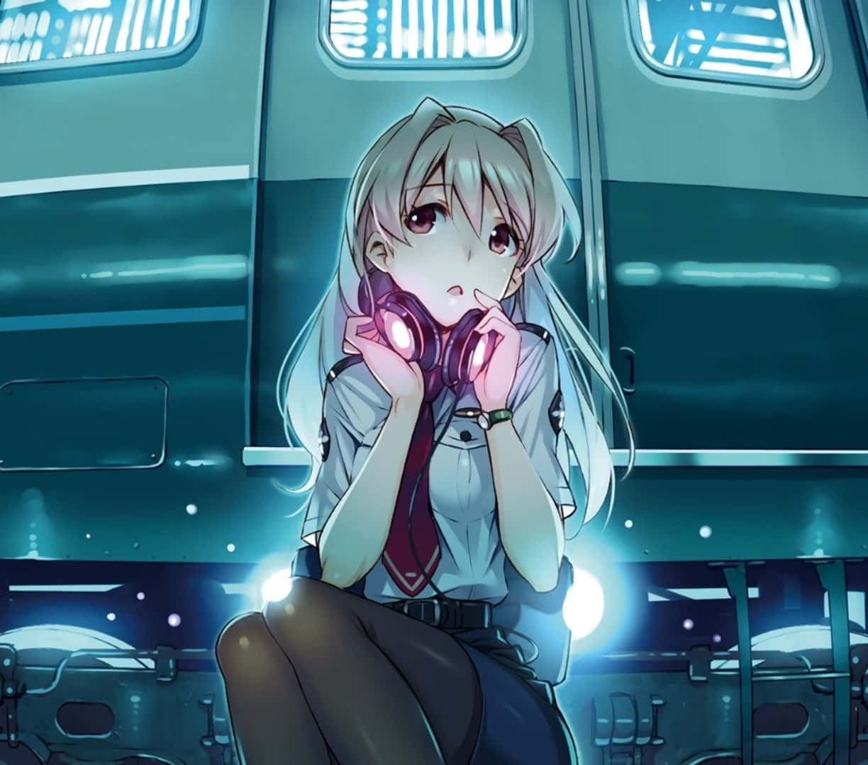 Timid Anime Girl Headphones Train Background Wallpaper