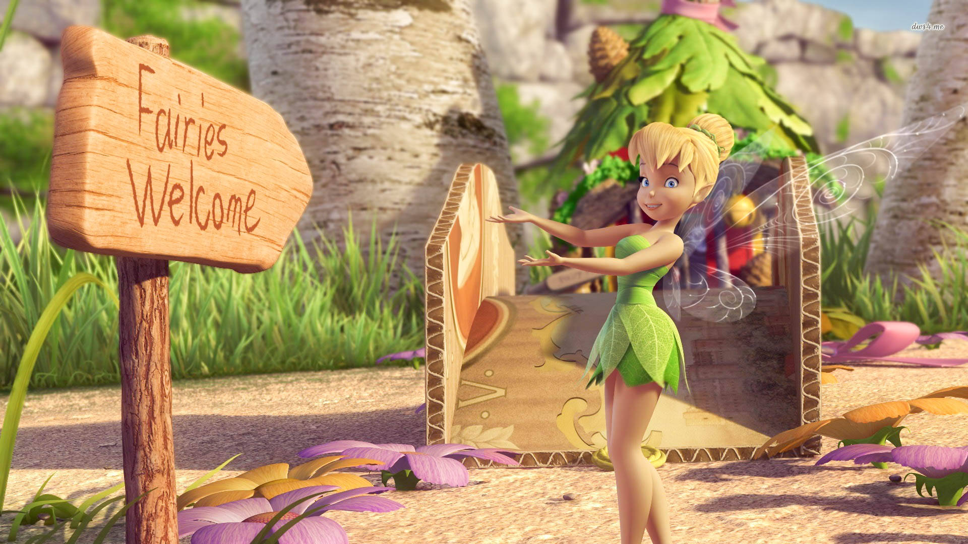 Tinker Bell With Greeting Sign Wallpaper