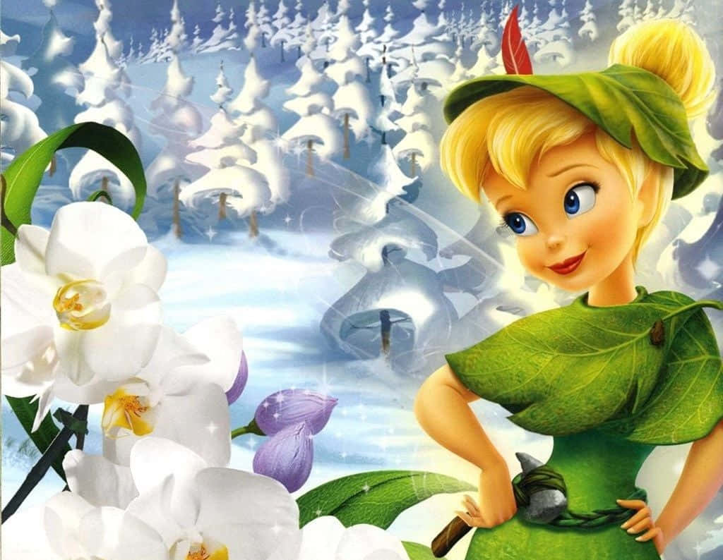 Tinkerbell spreading magical pixie dust in an enchanting forest