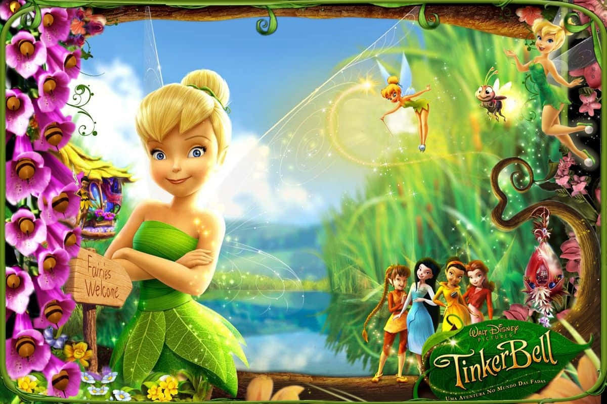 Enchanting Tinkerbell surrounded by magical sparkle in her fairy garden