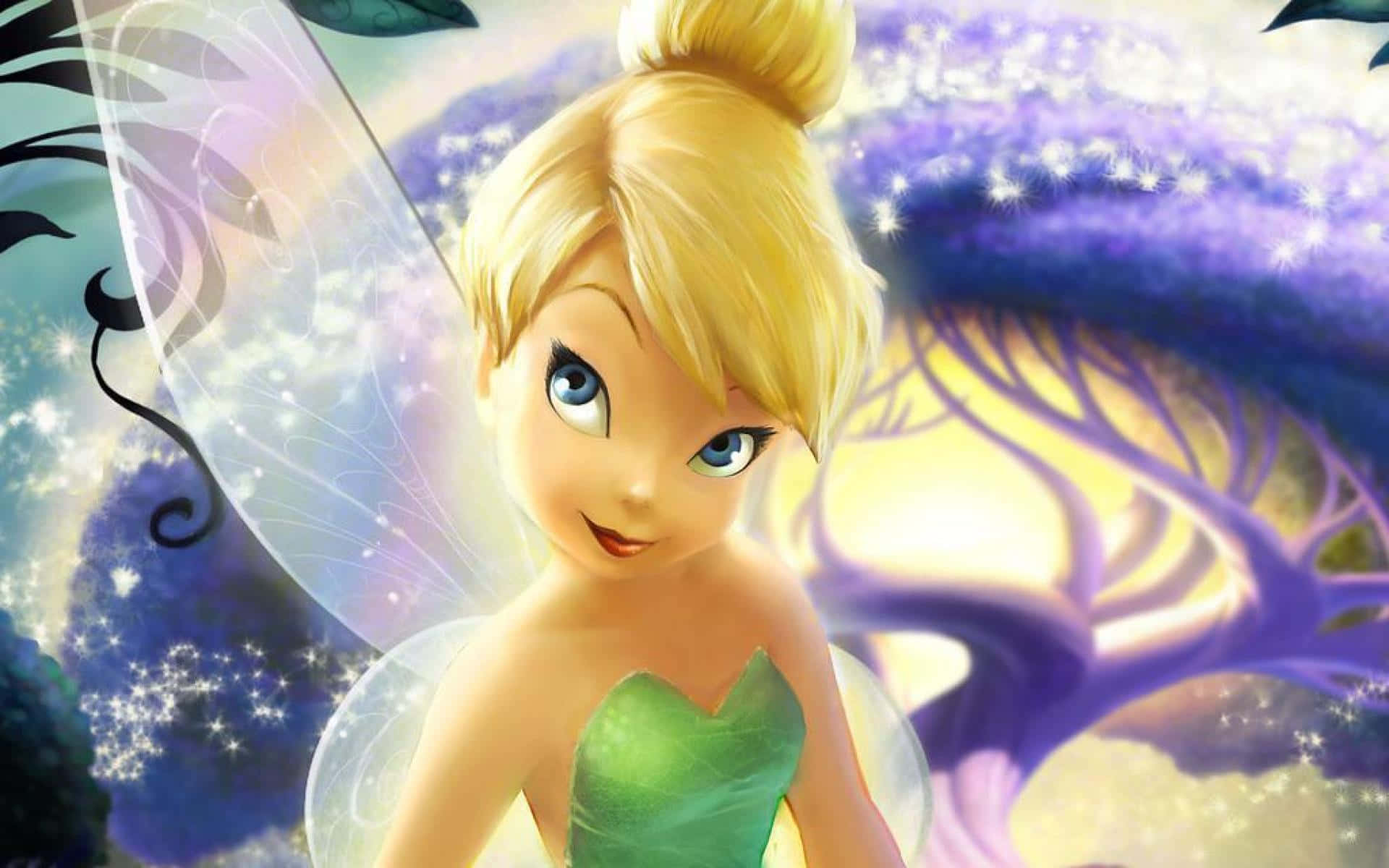 Tinkerbell smiles while sprinkling fairy dust over the meadow.