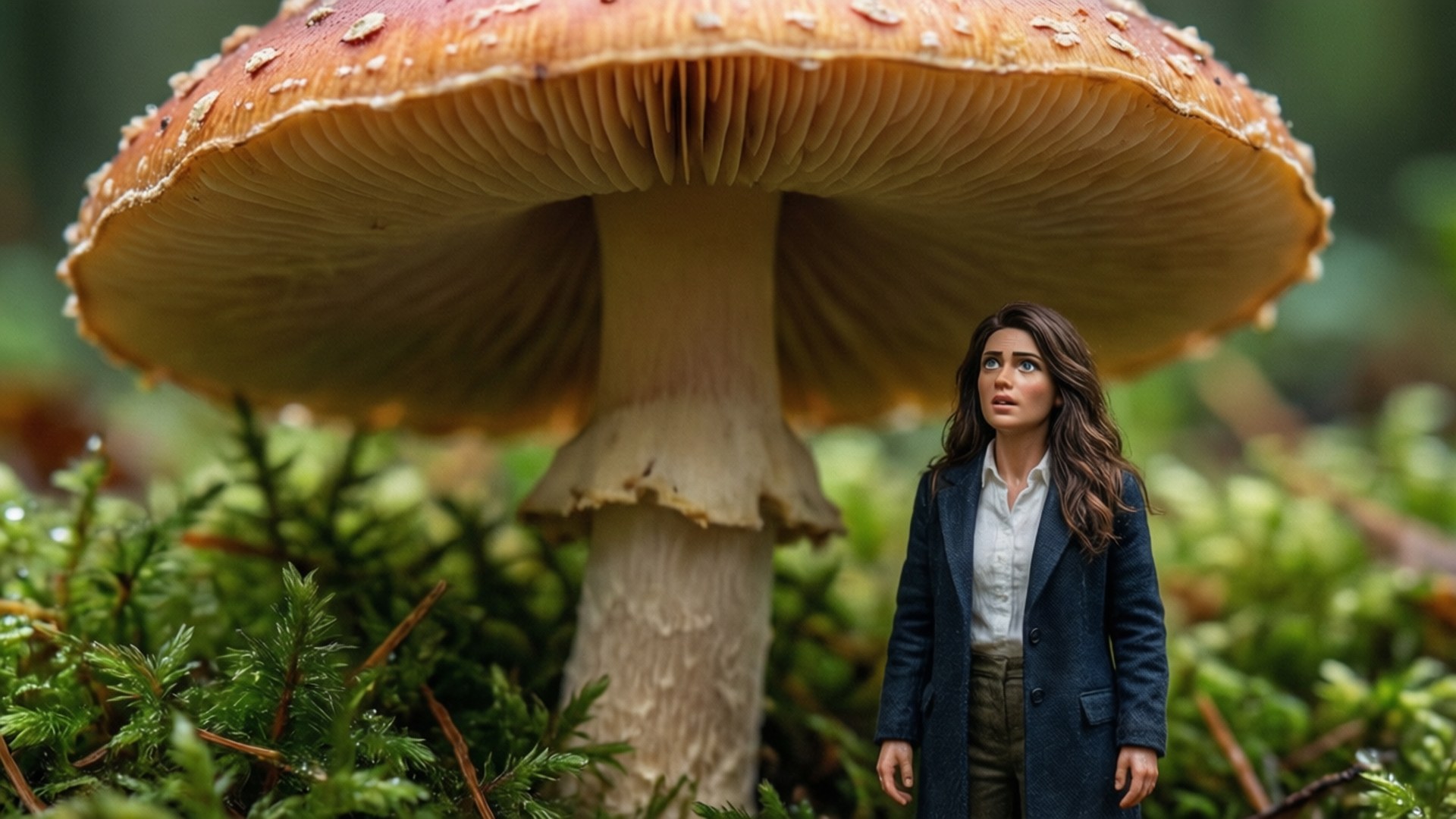 Nahida verkent een gigantische paddenstoel, macroschaal, gedetailleerd.