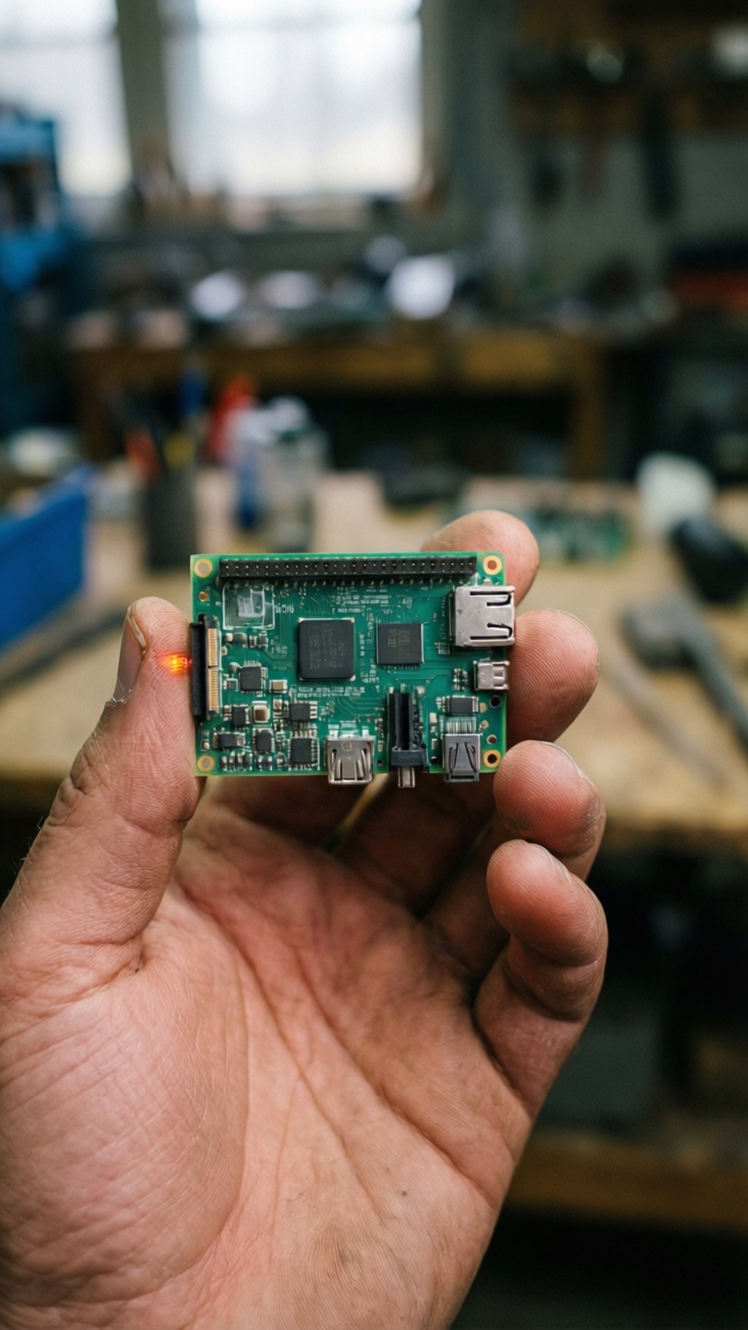 A Raspberry Pi Zero W in the palm of a hand, showing its compact size.