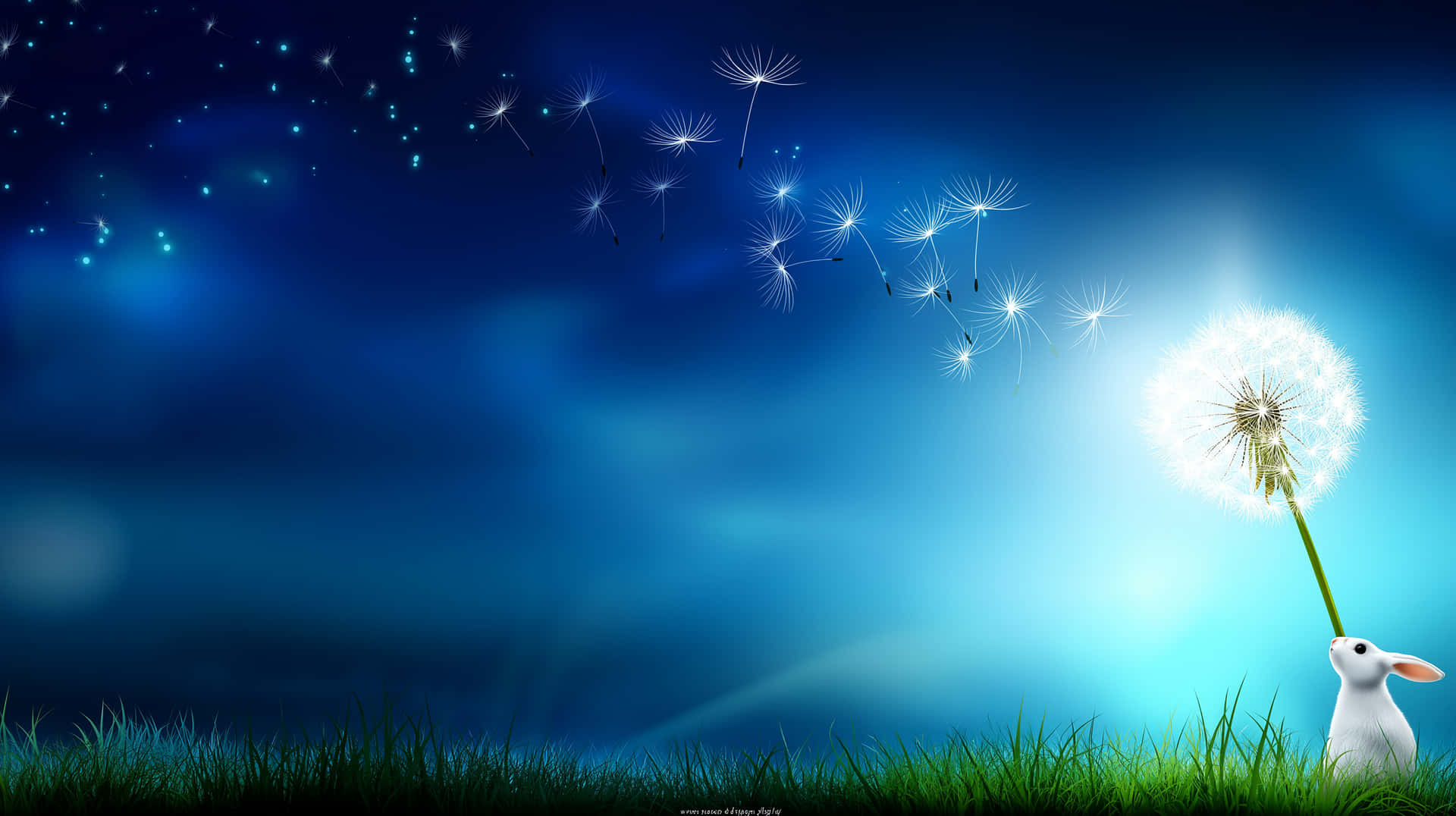 Tiny Rabbit Gazing At Dandelion Seeds Floating In Sky Wallpaper