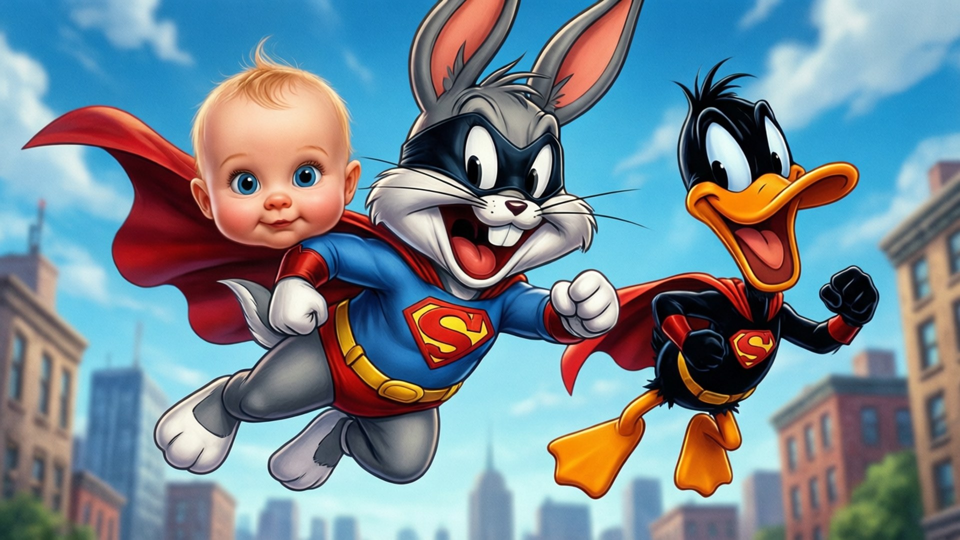 Baby Looney Tunes klædt ud som superhelte svæver over byen.