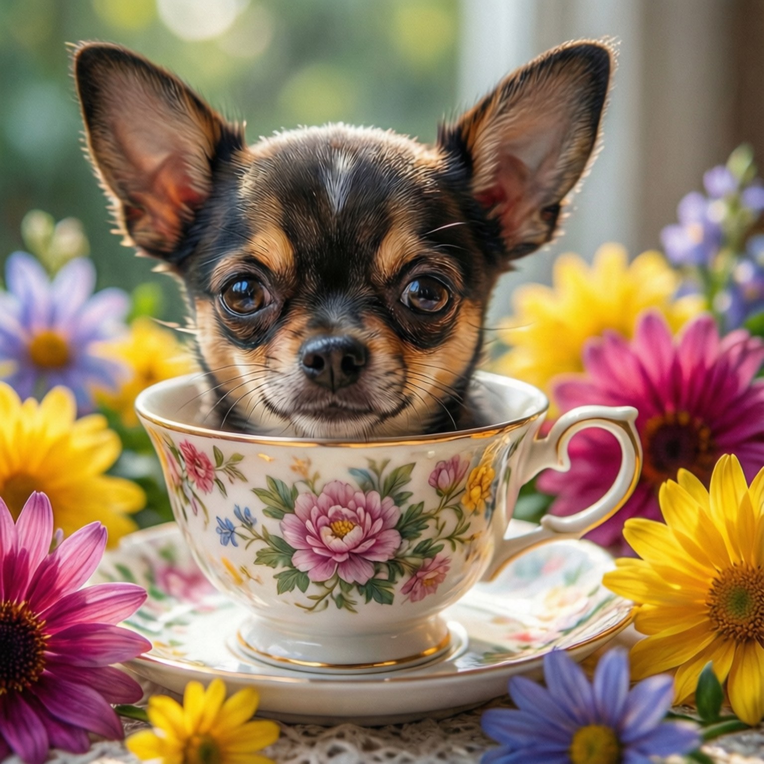Chihuahua i tekopp med blommor