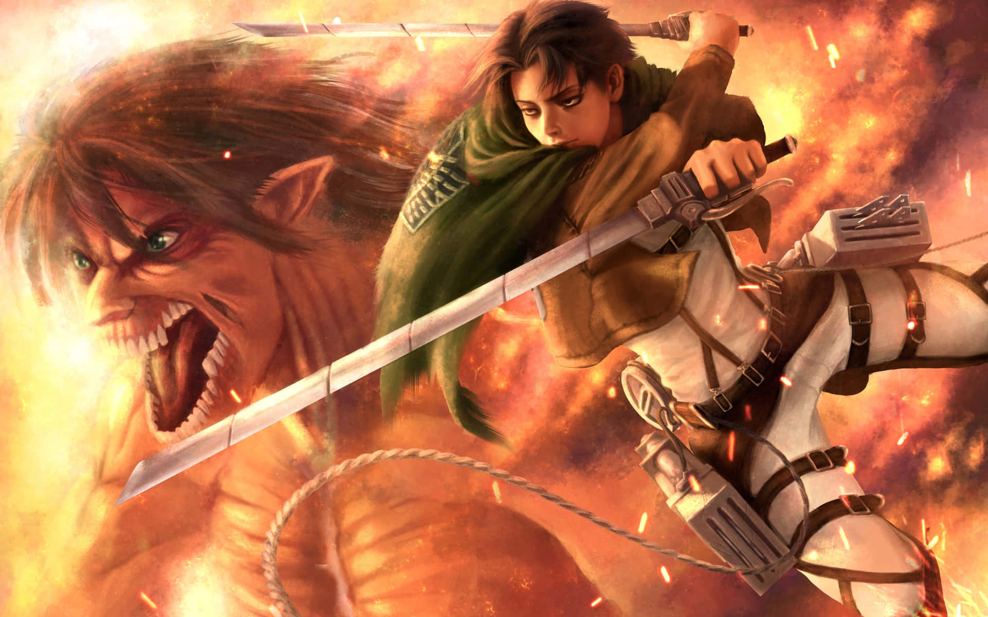 Titan Eren Yeager Fighting With Levi Wallpaper