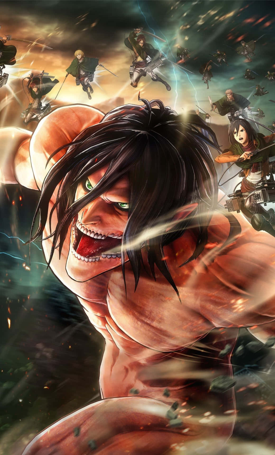Titan Eren Yeager Fighting With Scouting Legions Wallpaper