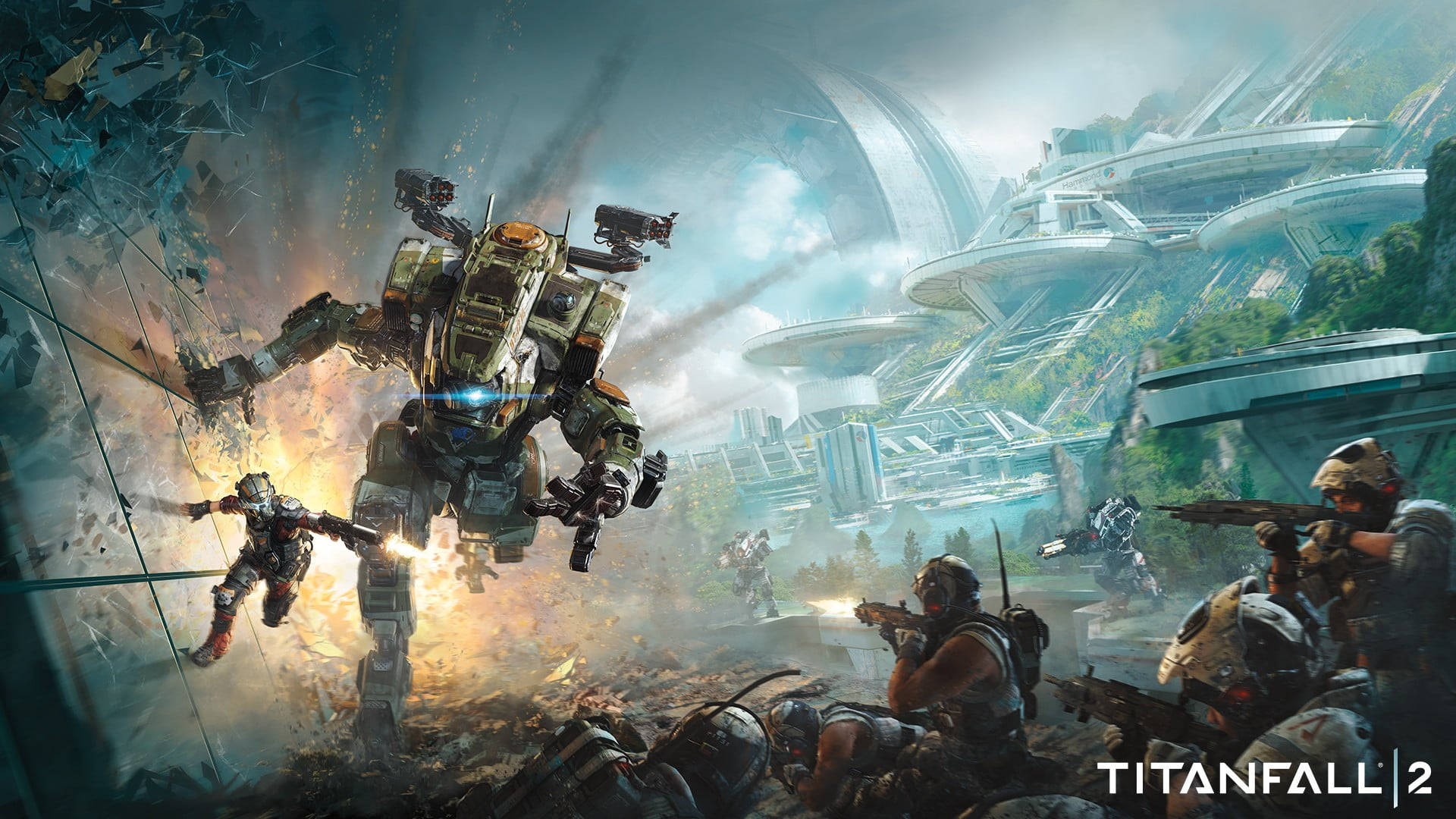 Titanfall Battlefield Promo Tapet: Se kampagnekort med soldater og robotter fra Titanfall 2. Wallpaper