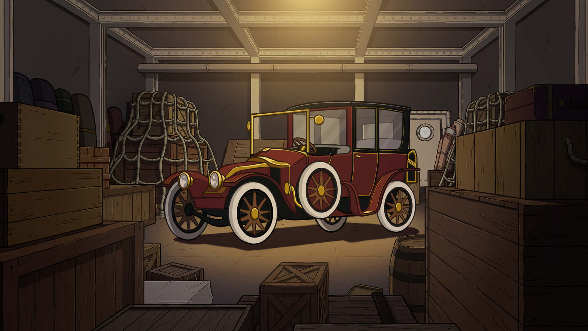 A Cartoon Car Is Sitting In A Room With Boxes