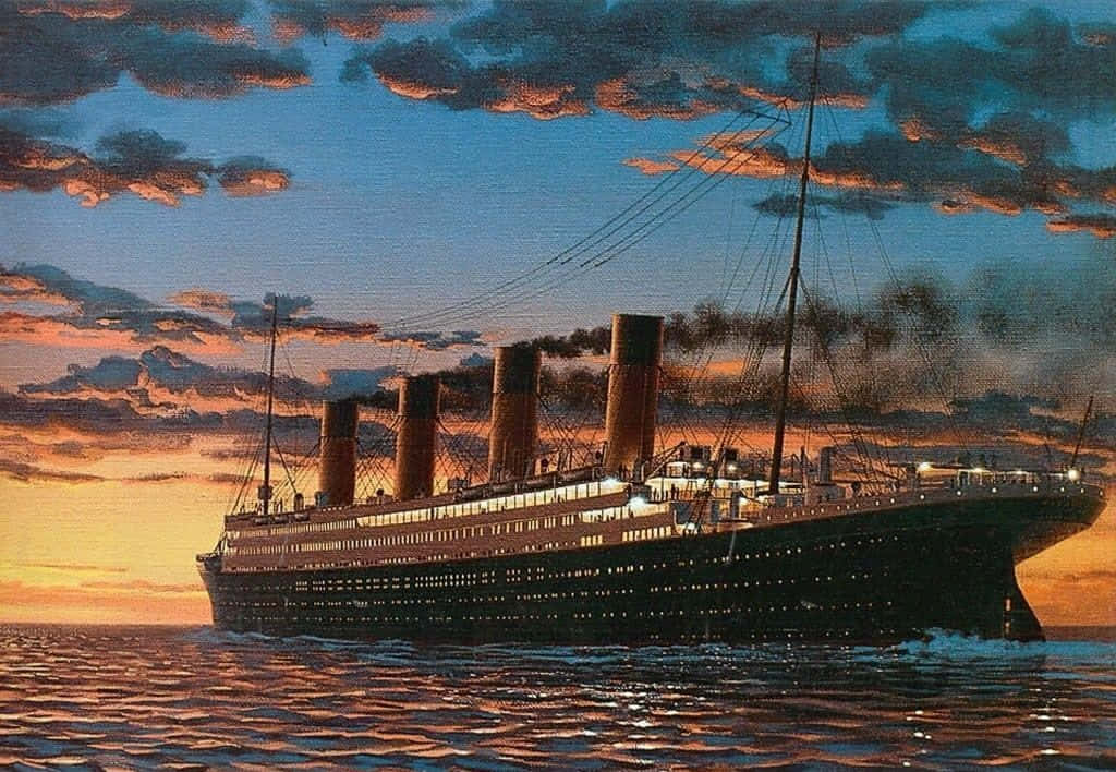 A Painting Of A Ship In The Ocean At Sunset