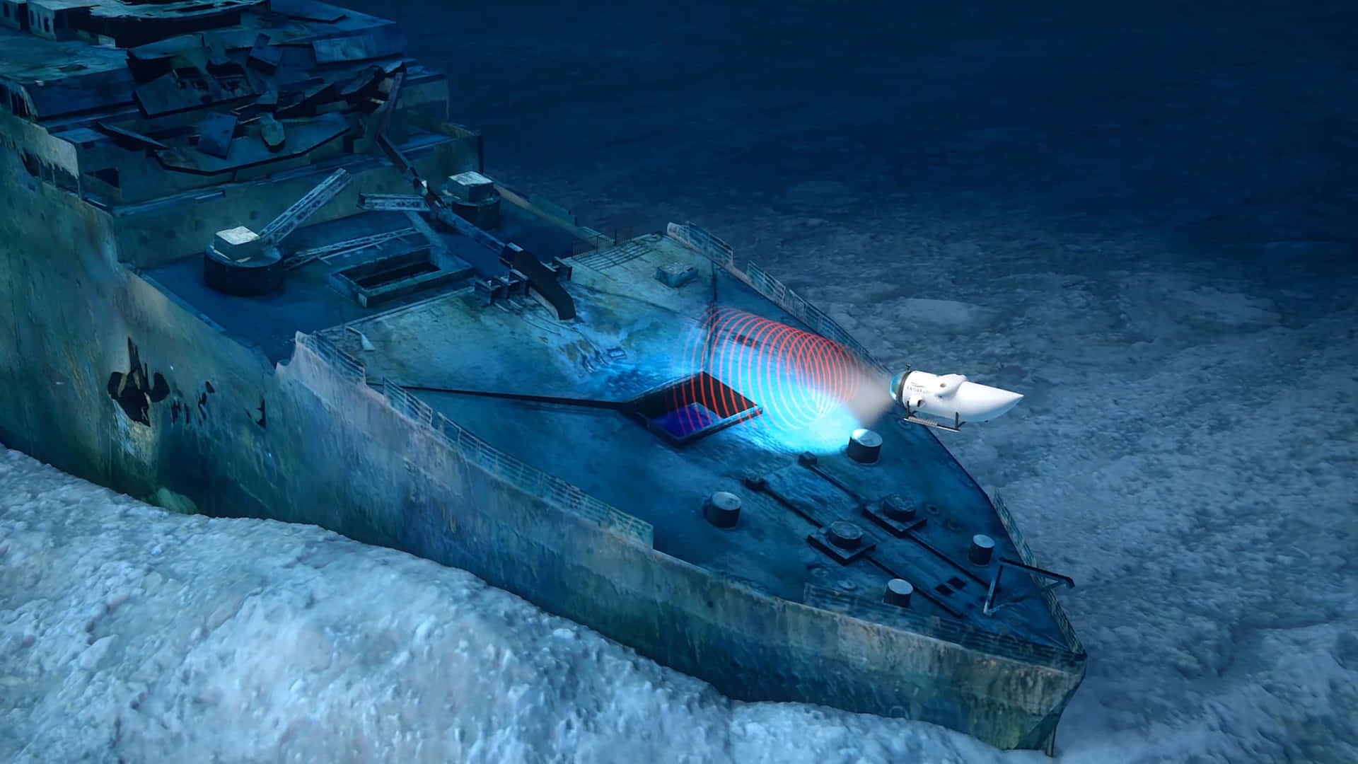 Digitalmålning Av Titanic På Havsbotten.