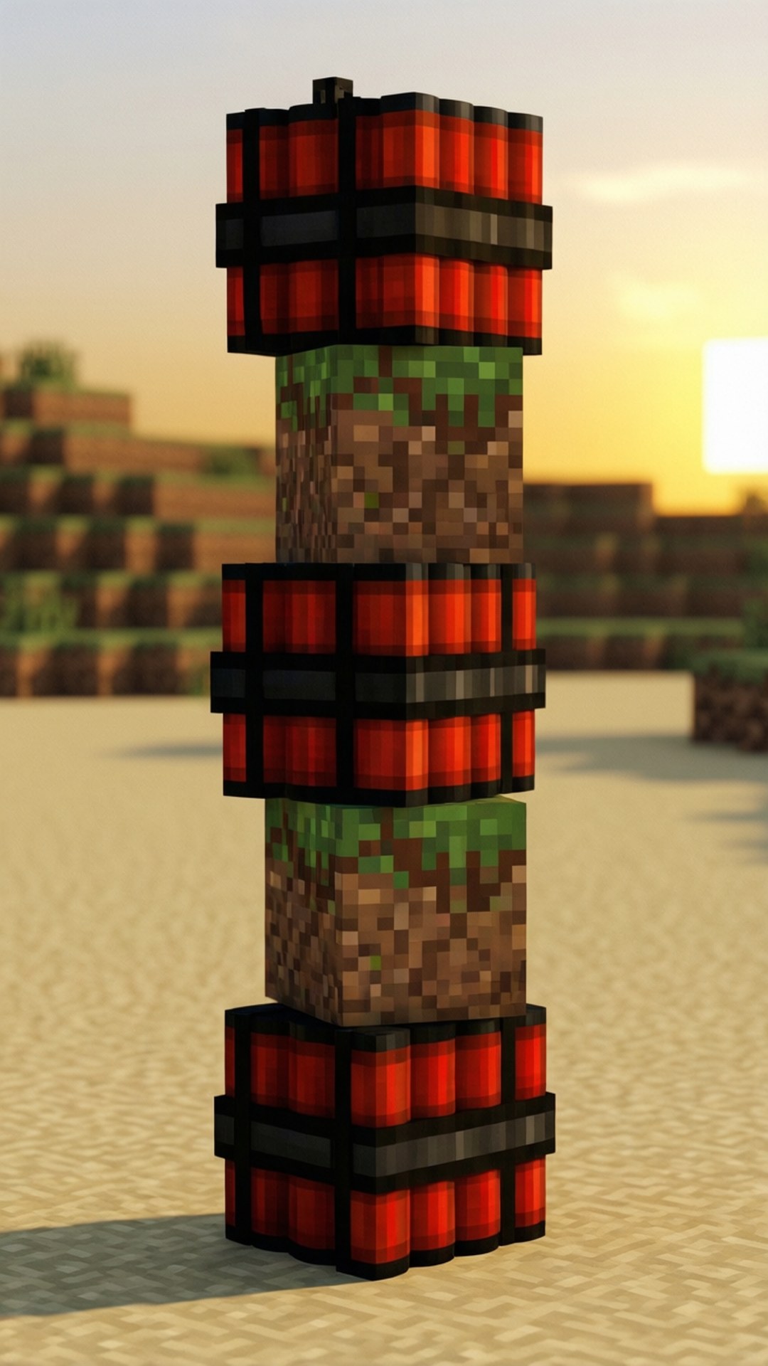Stacked Minecraft TNT blocks in desert at sunset.