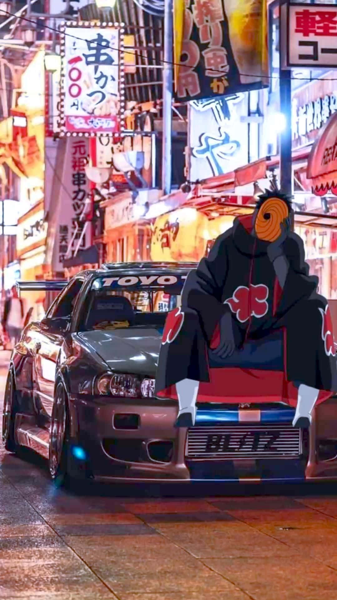 Unpersonaje Animado Sentado En Un Auto En Una Ciudad. Fondo de pantalla