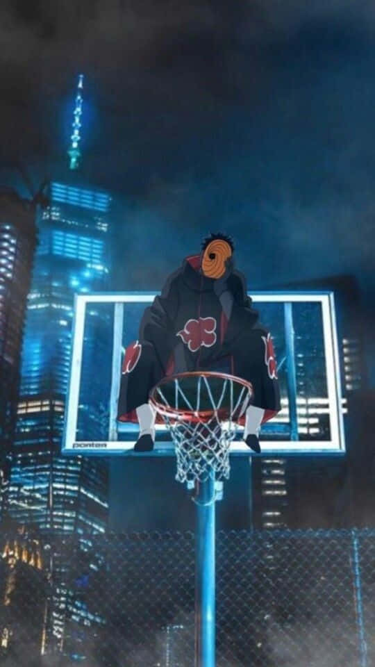 A Man Is Sitting On A Basketball Hoop In The Night Wallpaper