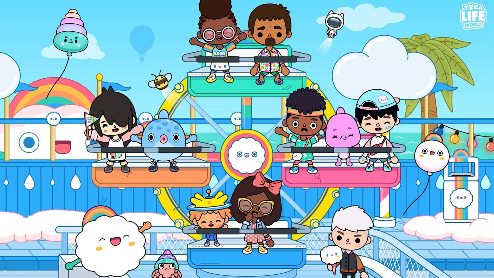 A Group Of Cartoon Characters On A Ferris Wheel