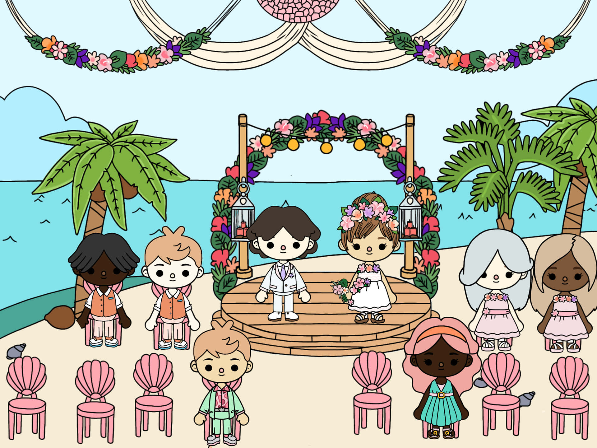 A Cartoon Wedding Ceremony With People On The Beach