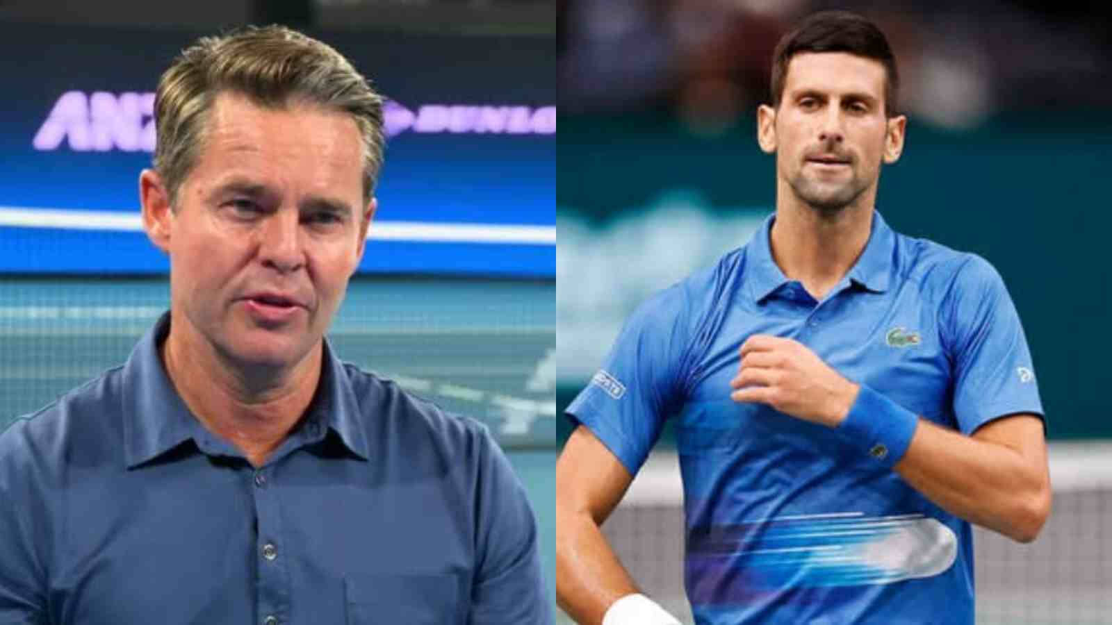Todd Woodbridge og Novak Djokovic i blå tennisbane tapet Wallpaper