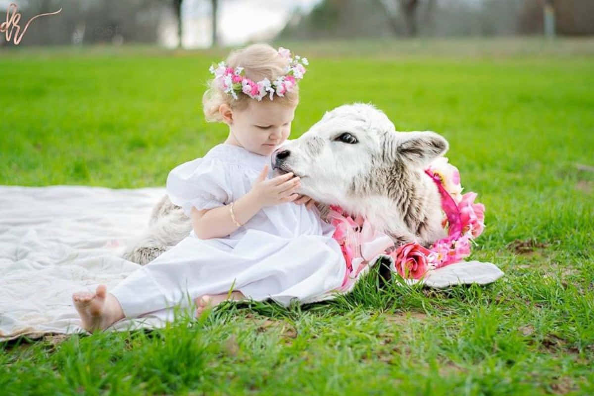 Toddlerand Baby Cow Tender Moment Wallpaper